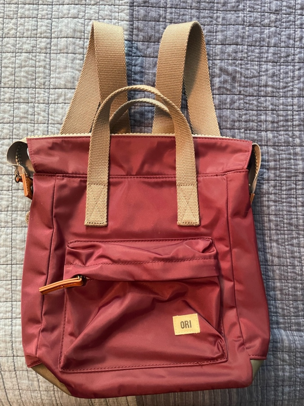 ORI Women's Convertible Shoulder Bag in Burgundy with Tan Straps
